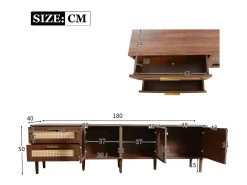 Online ModernLuxe Móvel de TV de 180 cm com iluminação LED - 2 gavetas em rattan e 3 portas - Castanho
