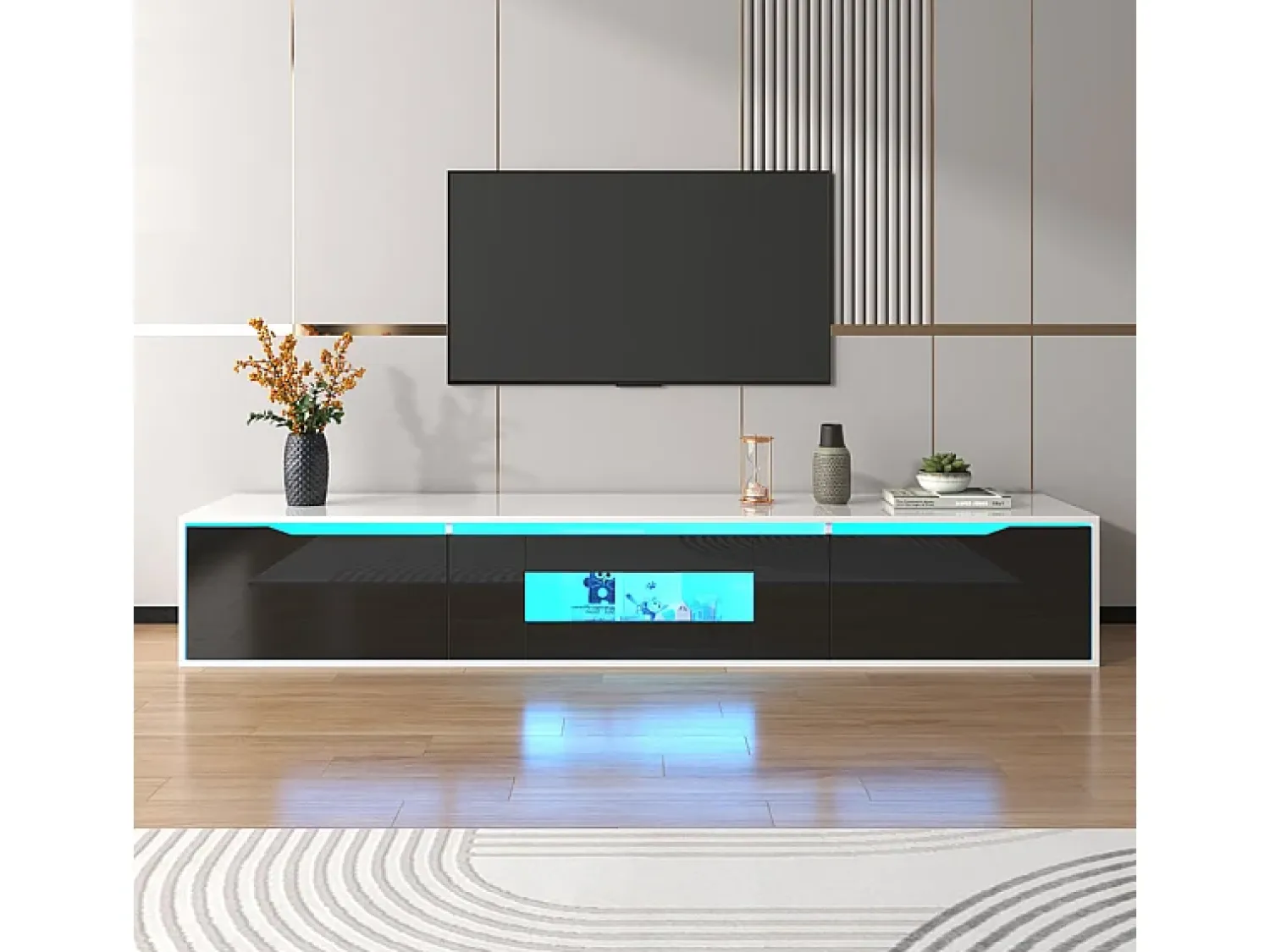 Móvel De Tv*ModernLuxe Móvel de TV de 180 cm com luz LED que muda de cor - 3 compartimentos grandes - Preto