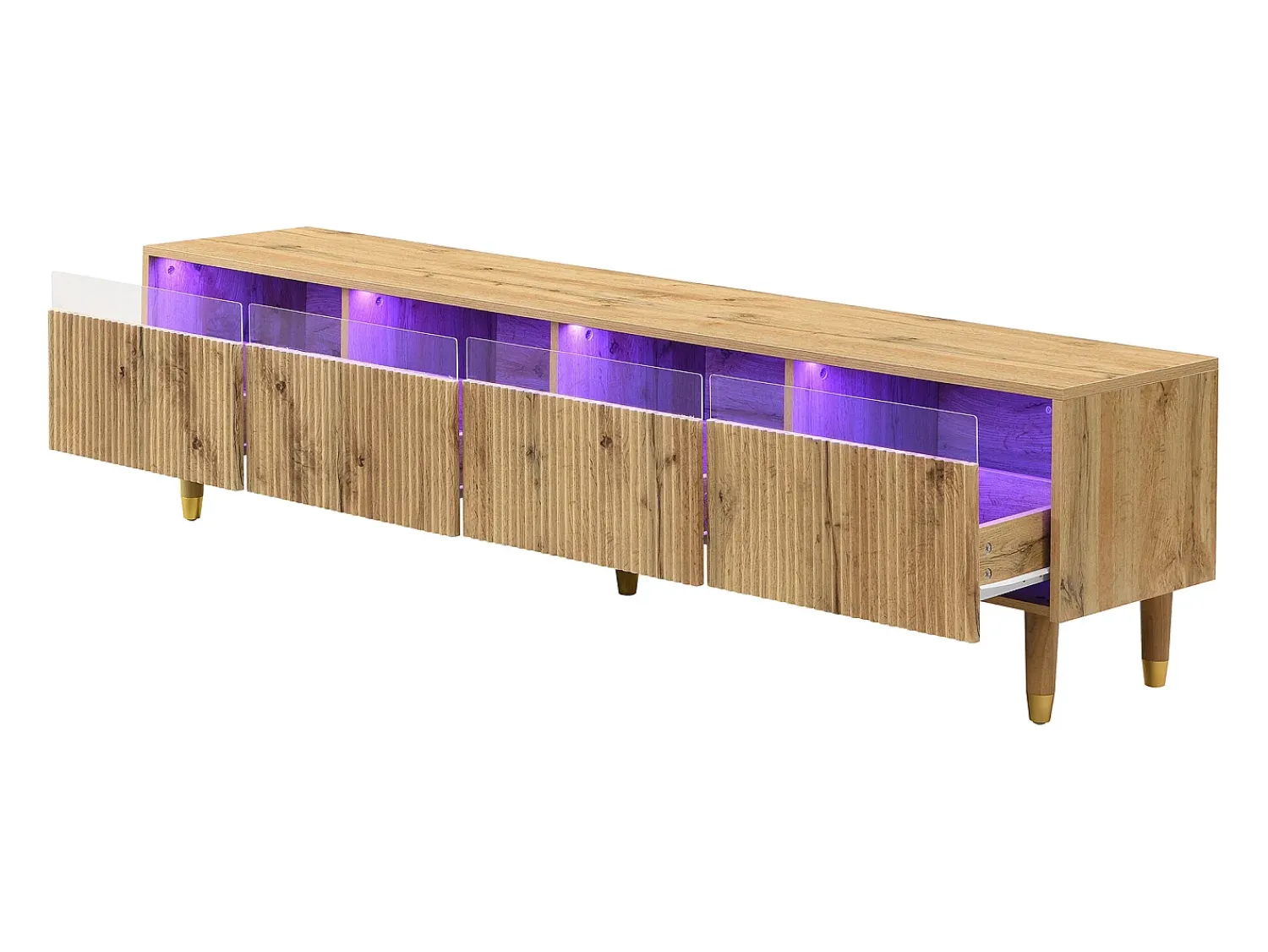 Best Móvel de TV de 178 cm com visual minimalista de madeira e quatro gavetas. Em MDF e acrílico, resistente e elegante para a sala de estar. Natural claro