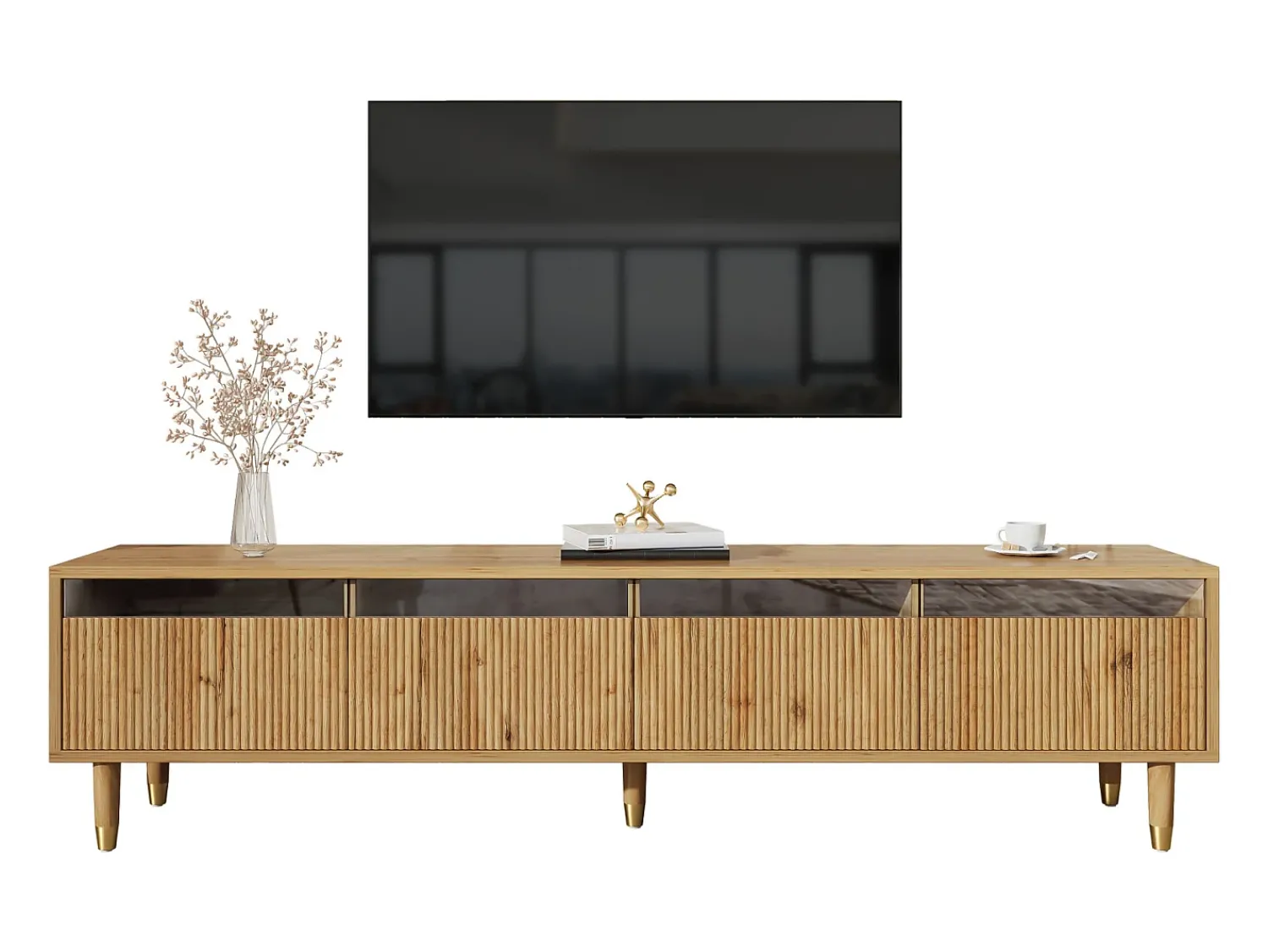 Best Móvel de TV de 178 cm com visual minimalista de madeira e quatro gavetas. Em MDF e acrílico, resistente e elegante para a sala de estar. Natural claro