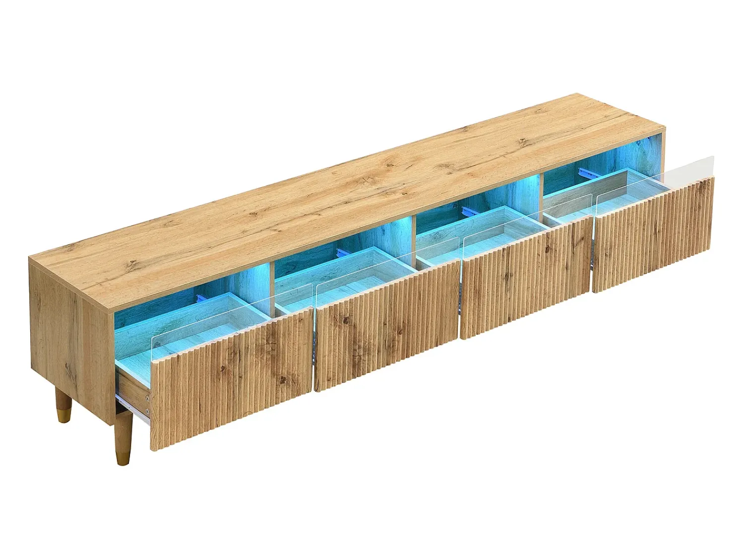 Best Móvel de TV de 178 cm com visual minimalista de madeira e quatro gavetas. Em MDF e acrílico, resistente e elegante para a sala de estar. Natural claro