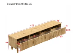 Best Móvel de TV de 178 cm com visual minimalista de madeira e quatro gavetas. Em MDF e acrílico, resistente e elegante para a sala de estar. Natural claro