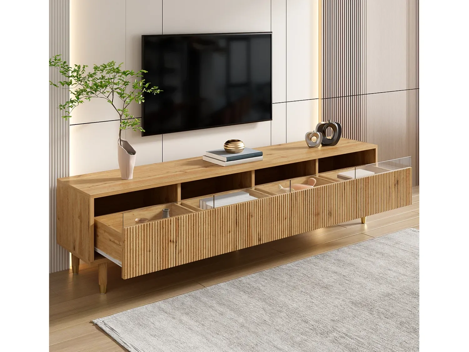 Best Móvel de TV de 178 cm com visual minimalista de madeira e quatro gavetas. Em MDF e acrílico, resistente e elegante para a sala de estar. Natural claro