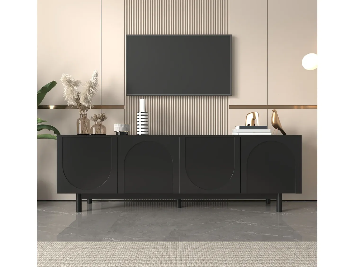 Móvel de TV de 175 cm, Móvel de TV com 4 portas sem puxadores e prateleiras ajustáveis, Preto