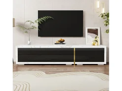 Móvel De Tv*ModernLuxe Móvel de TV de comprimento ajustável (140-260 cm) - 3 portas retráteis - aspeto de mármore branco - e Branco Preto