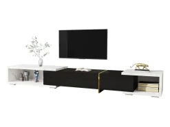 Móvel De Tv*ModernLuxe Móvel de TV de comprimento ajustável (140-260 cm) - 3 portas retráteis - aspeto de mármore branco - e Branco Preto