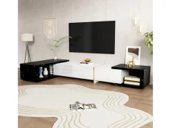 Móvel De Tv|ModernLuxe Móvel de TV de comprimento ajustável (140-260 cm) - 3 portas retráteis - aspeto de mármore preto - e Preto Branco