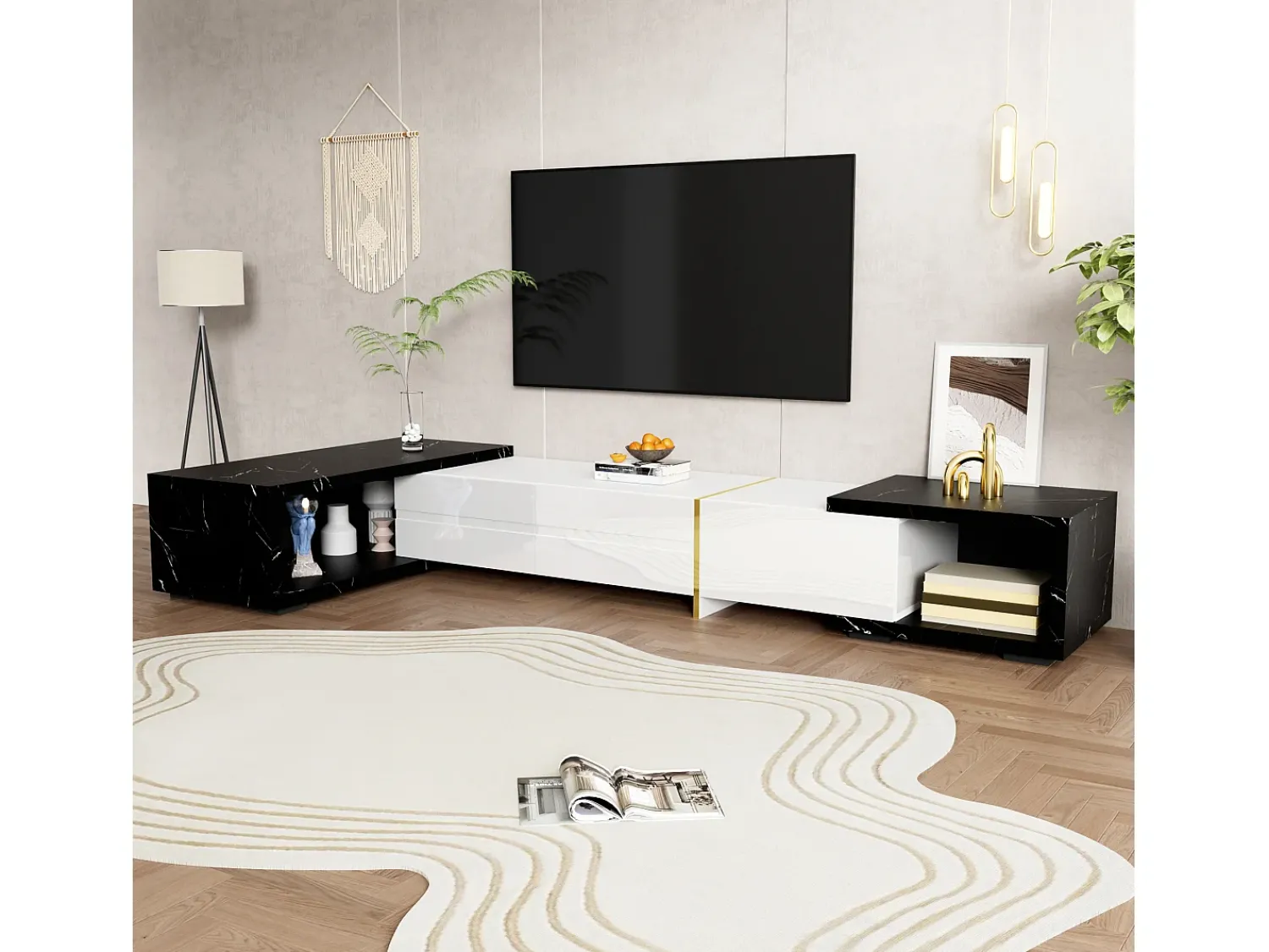 Móvel De Tv|ModernLuxe Móvel de TV de comprimento ajustável (140-260 cm) - 3 portas retráteis - aspeto de mármore preto - e Preto Branco