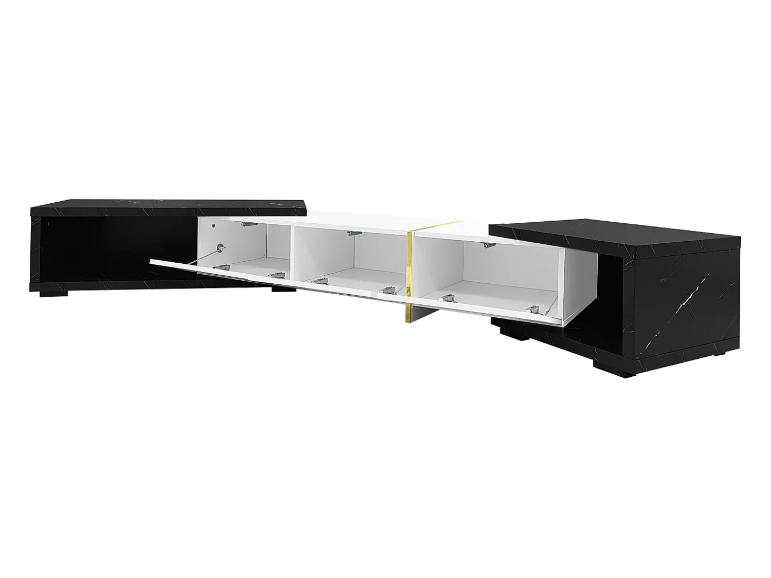 Móvel De Tv|ModernLuxe Móvel de TV de comprimento ajustável (140-260 cm) - 3 portas retráteis - aspeto de mármore preto - e Preto Branco