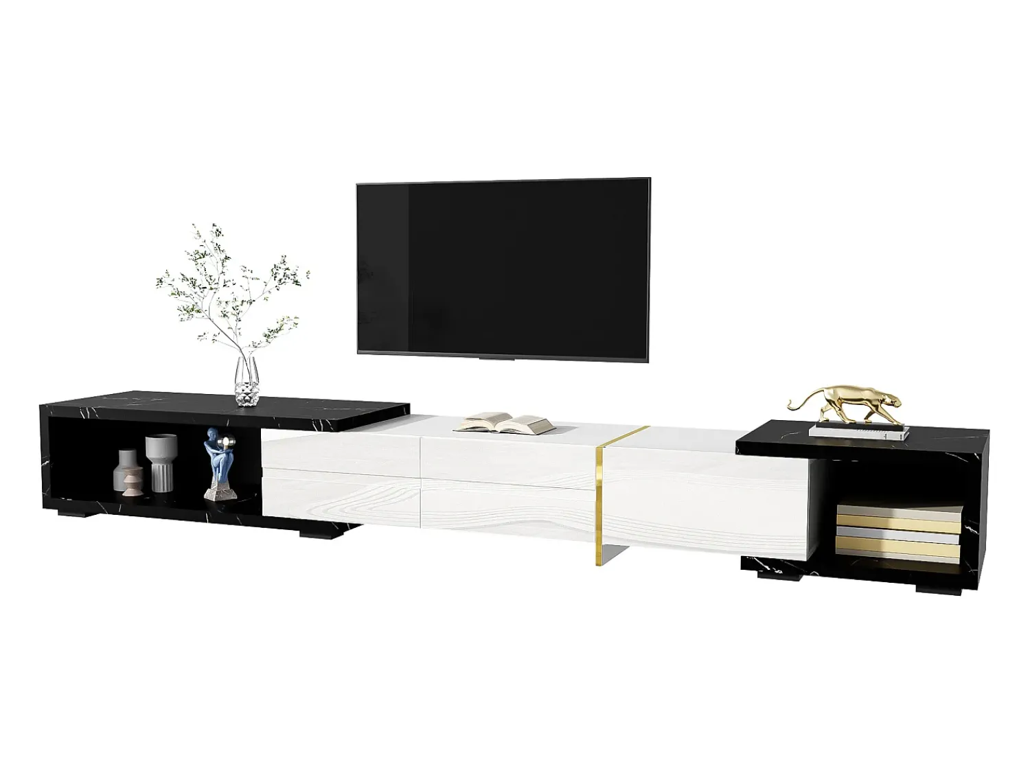 Móvel De Tv|ModernLuxe Móvel de TV de comprimento ajustável (140-260 cm) - 3 portas retráteis - aspeto de mármore preto - e Preto Branco