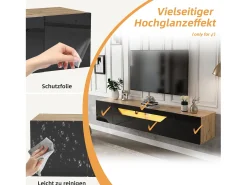 Móvel De Tv|Merax Móvel de TV de parede brilhante - 180 x 37 x 36 cm - com 3 portas + LEDs - para TVs de 75 polegadas - aglomerado - Preto