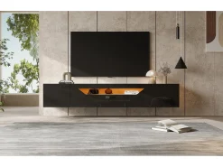 Móvel De Tv|Merax Móvel de TV de parede brilhante - 180 x 37 x 36 cm - com 3 portas + LEDs - para TVs de 75 polegadas - aglomerado - Preto