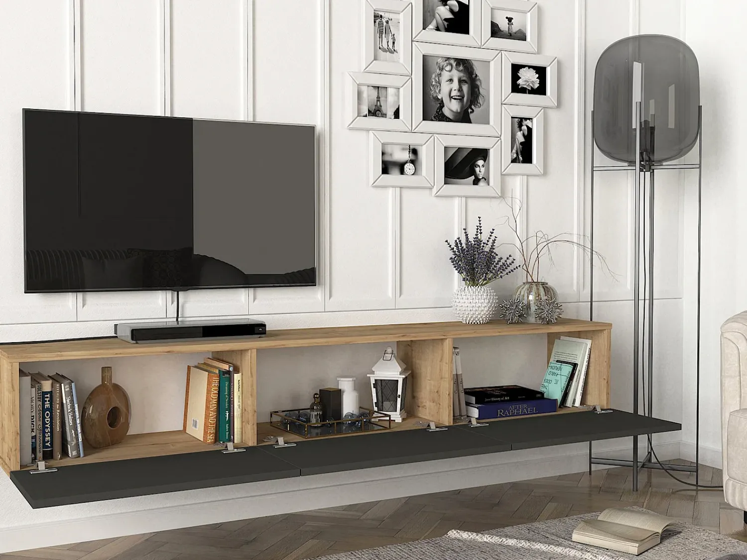 Móvel De Tv*Vente-unique Móvel de TV de parede com 3 portas - Antracite e Natural Claro - VIKILA Cinza antracite / Natural claro
