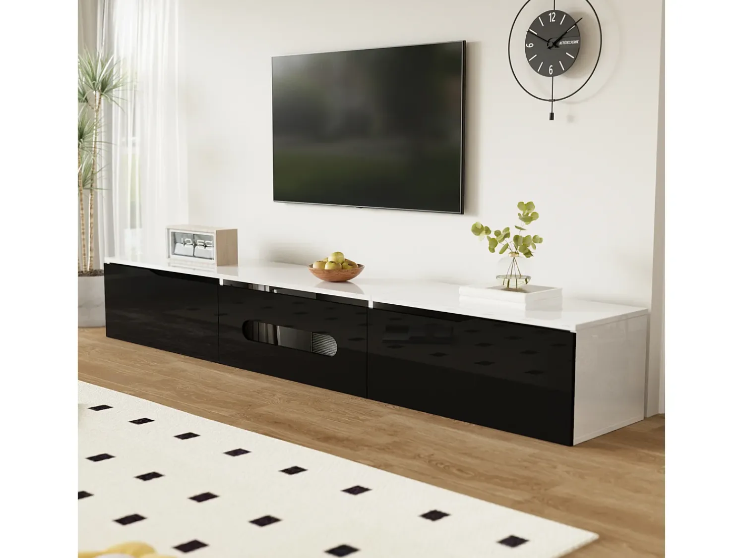Merax Móvel de TV de parede com 3 portas - 180 x 35 x 30 cm - LEDs - MDF e aglomerado - brilhante e preto^ Móvel De Tv