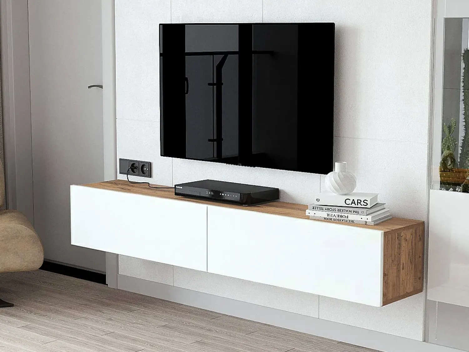 Vente-unique Móvel de TV de parede com 2 portas - Branco e natural - AUBEPINA^ Móvel De Tv