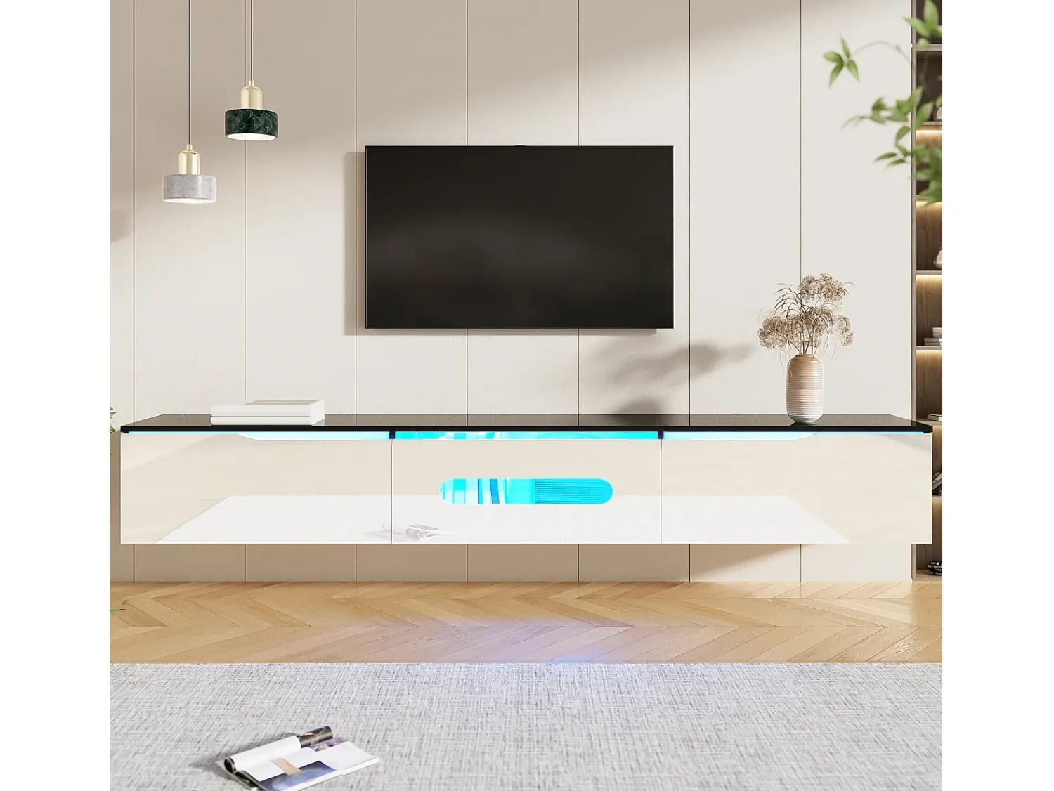 Móvel De Tv*Merax Móvel de TV de parede com 3 portas - 180 x 35 x 30 cm - LEDs - MDF e aglomerado - Preto e brilhante Branco
