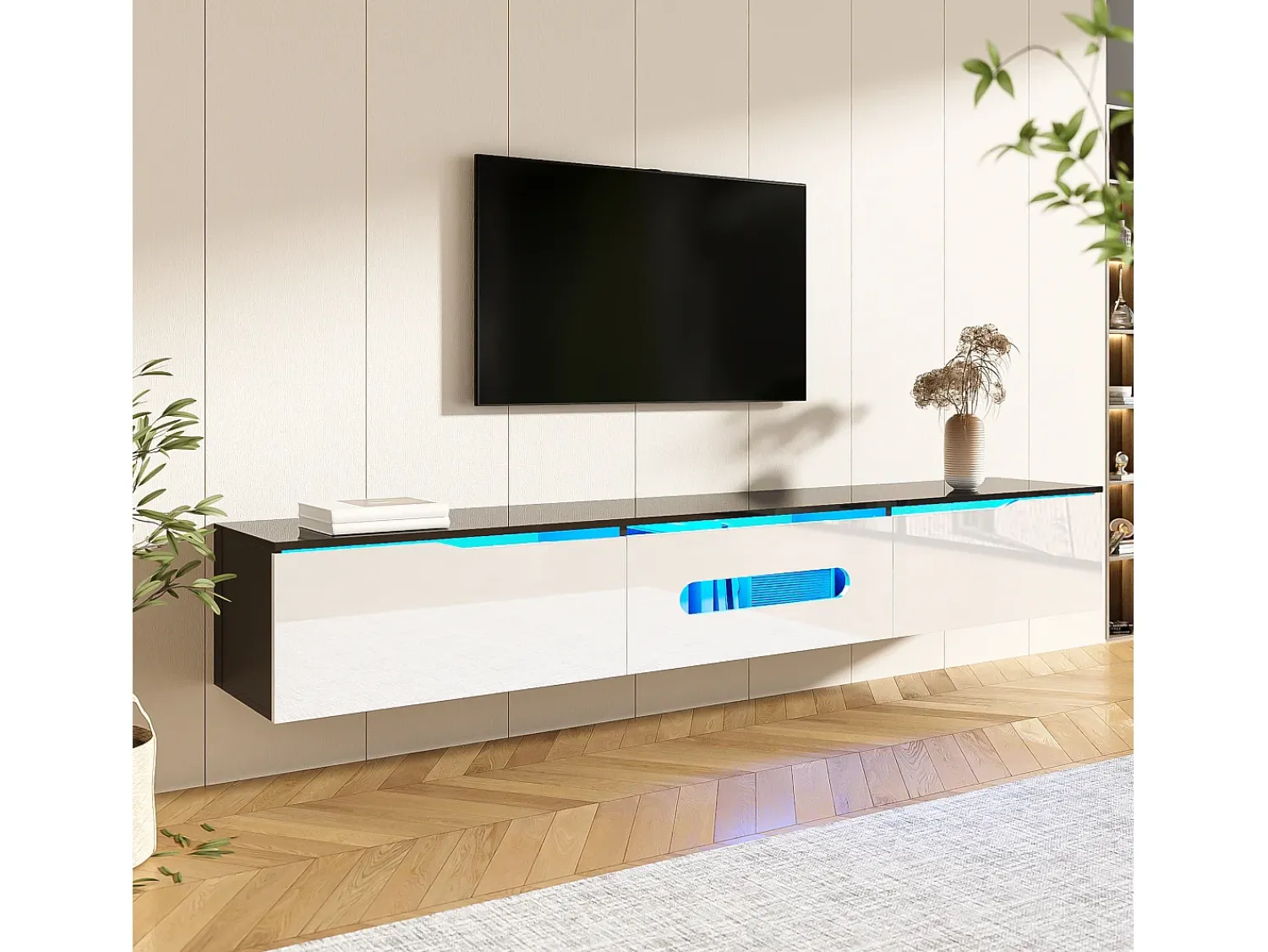 Móvel De Tv*Merax Móvel de TV de parede com 3 portas - 180 x 35 x 30 cm - LEDs - MDF e aglomerado - Preto e brilhante Branco