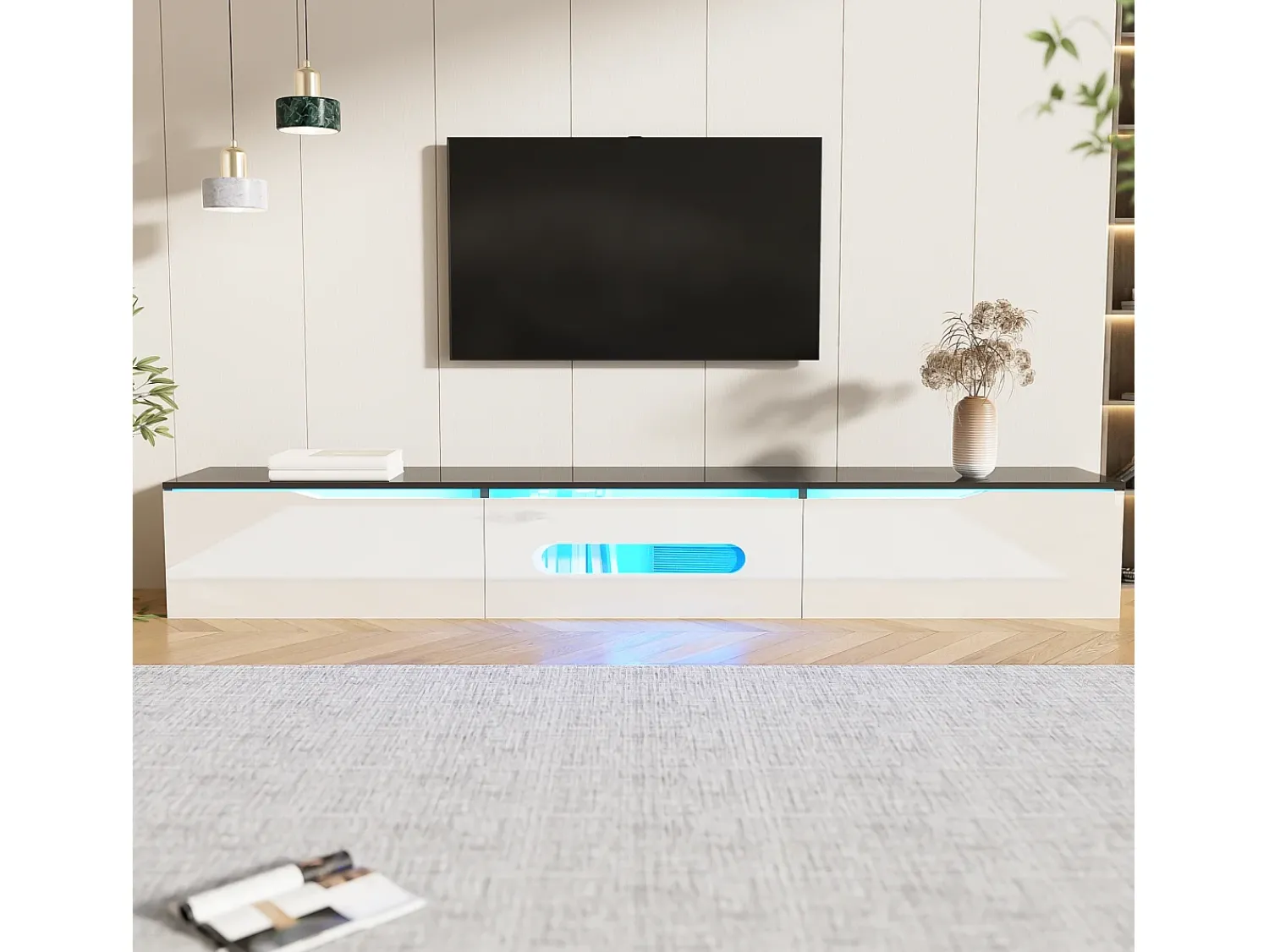 Móvel De Tv*Merax Móvel de TV de parede com 3 portas - 180 x 35 x 30 cm - LEDs - MDF e aglomerado - Preto e brilhante Branco