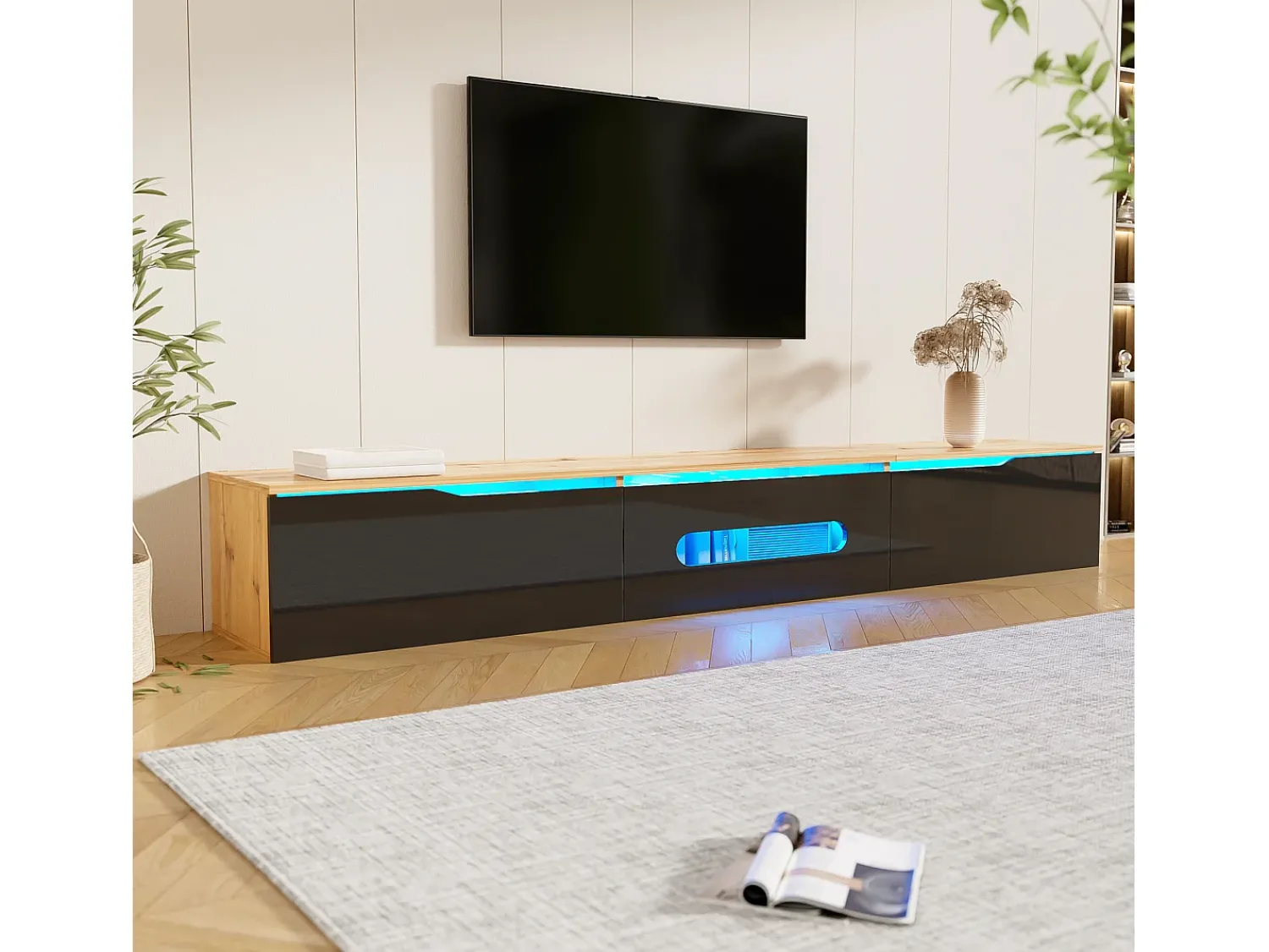 Merax Móvel de TV de parede com 3 portas - 180 x 35 x 30 cm - LEDs - MDF e aglomerado - natural e brilhante Preto