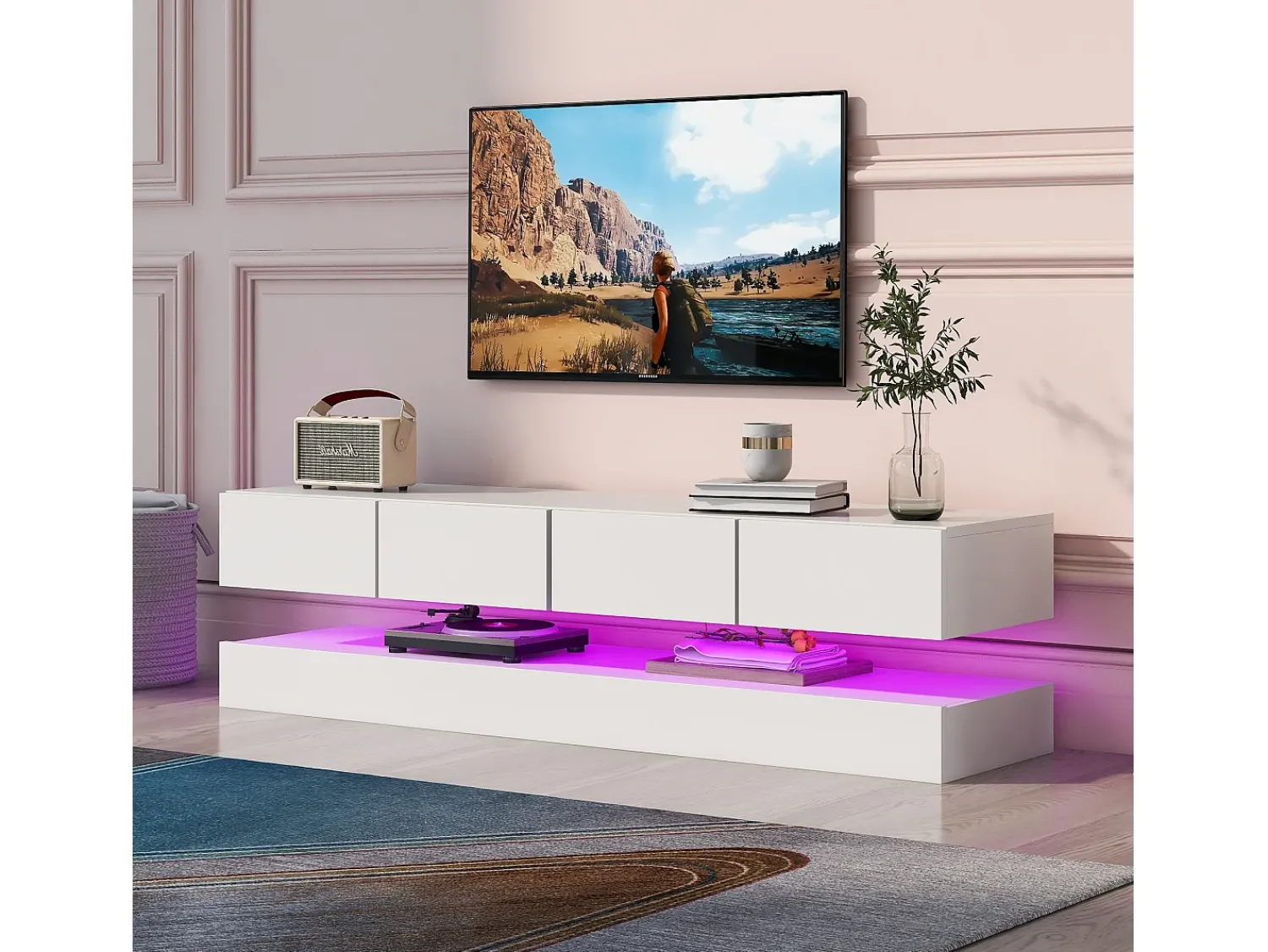 Móvel De Tv|Hauss Spole Móvel de TV de parede em MDF com iluminação LED e 4 gavetas - Acabamento em brilhante Branco