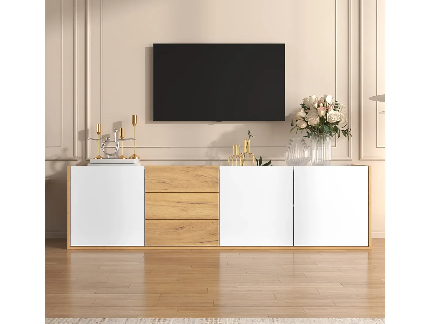 New Móvel de TV de parede para sala de estar, unidade de armazenamento multifuncional, suporte para TV com 3 gavetas, Branco