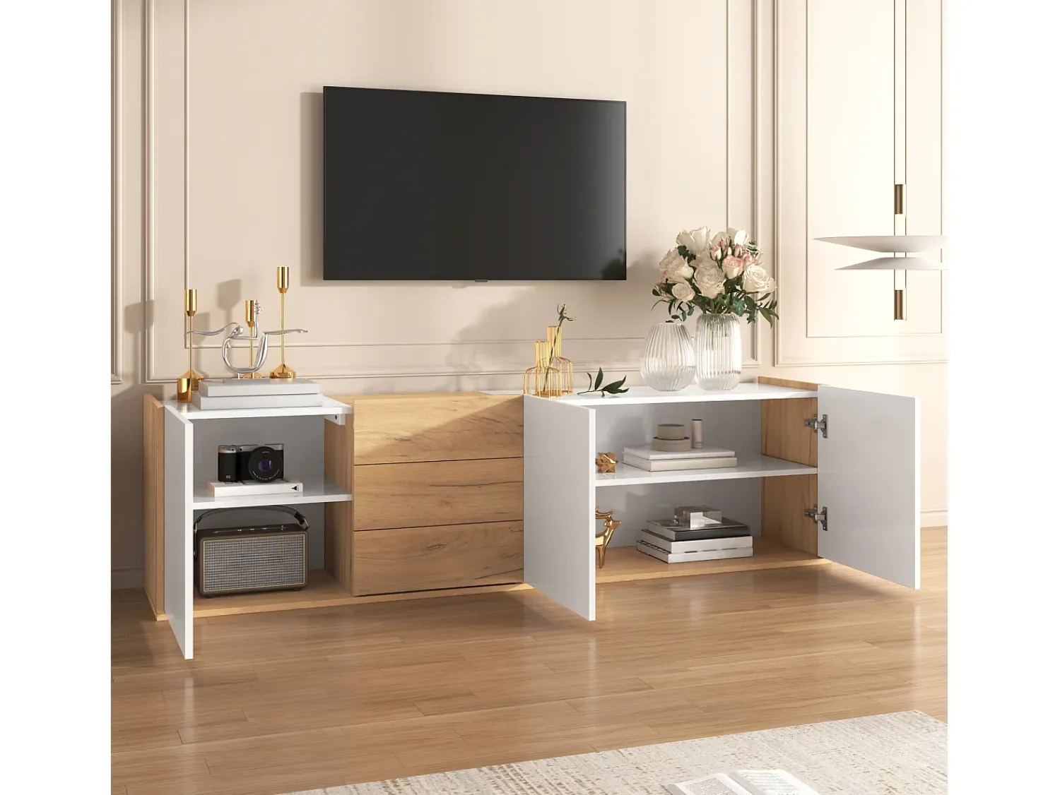 New Móvel de TV de parede para sala de estar, unidade de armazenamento multifuncional, suporte para TV com 3 gavetas, Branco