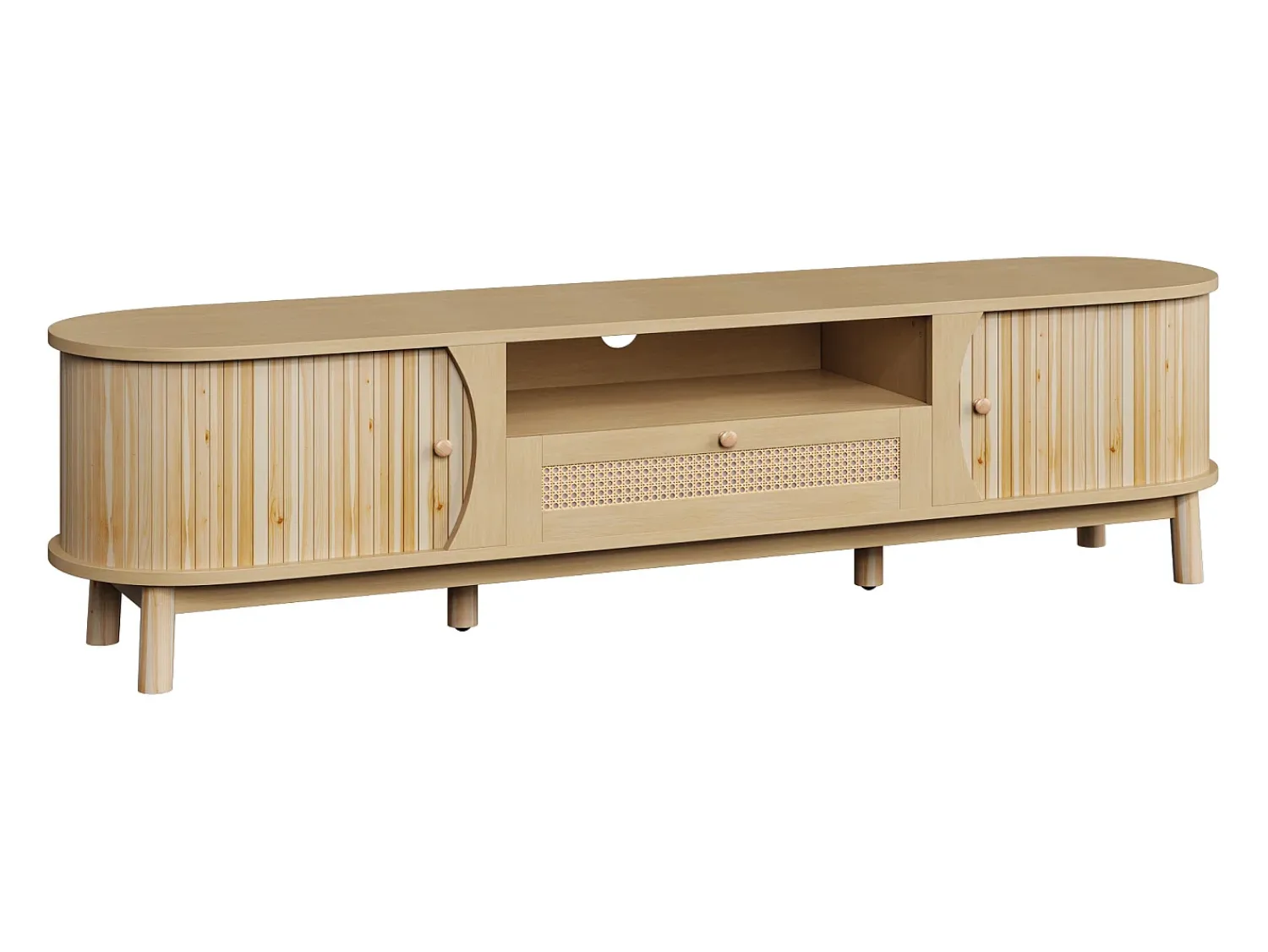 New ModernLuxe Móvel de TV de rattan 165x37x46 cm - 2 portas e 1 gaveta de rattan - Estilo rústico - MDF - Natural Natural claro