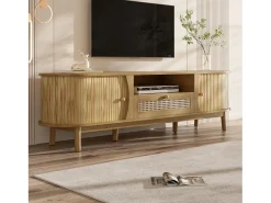 New ModernLuxe Móvel de TV de rattan 165x37x46 cm - 2 portas e 1 gaveta de rattan - Estilo rústico - MDF - Natural Natural claro