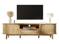 New ModernLuxe Móvel de TV de rattan 165x37x46 cm - 2 portas e 1 gaveta de rattan - Estilo rústico - MDF - Natural Natural claro