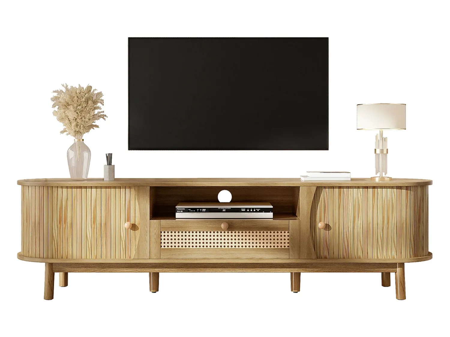 New ModernLuxe Móvel de TV de rattan 165x37x46 cm - 2 portas e 1 gaveta de rattan - Estilo rústico - MDF - Natural Natural claro