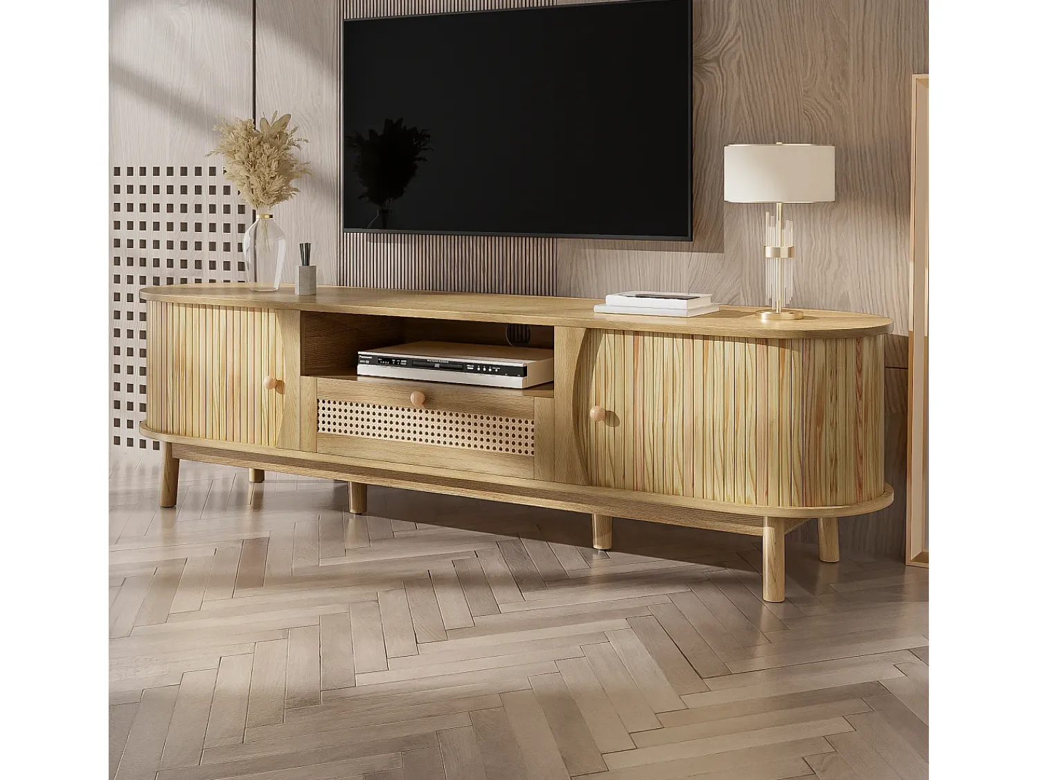 New ModernLuxe Móvel de TV de rattan 165x37x46 cm - 2 portas e 1 gaveta de rattan - Estilo rústico - MDF - Natural Natural claro