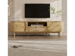 New ModernLuxe Móvel de TV de rattan 165x37x46 cm - 2 portas e 1 gaveta de rattan - Estilo rústico - MDF - Natural Natural claro