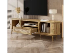 New ModernLuxe Móvel de TV de rattan 165x37x46 cm - 2 portas e 1 gaveta de rattan - Estilo rústico - MDF - Natural Natural claro