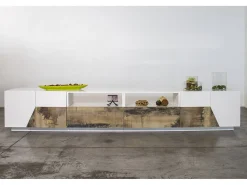 Dmora Móvel de TV Dfagiol, Aparador baixo de sala com 4 portas, base de móvel de TV, 100% Fabricado na Itália, 260x43h46 cm, brilhante e bordo^ Móvel De Tv