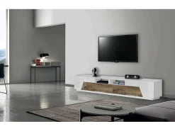 Dmora Móvel de TV Dfagiol, Aparador baixo de sala com 4 portas, base de móvel de TV, 100% Fabricado na Itália, 260x43h46 cm, brilhante e bordo^ Móvel De Tv