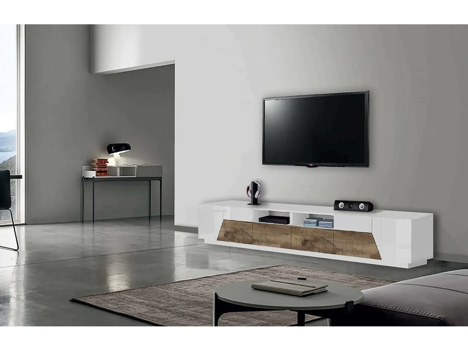 Dmora Móvel de TV Dfagiol, Aparador baixo de sala com 4 portas, base de móvel de TV, 100% Fabricado na Itália, 260x43h46 cm, brilhante e bordo^ Móvel De Tv