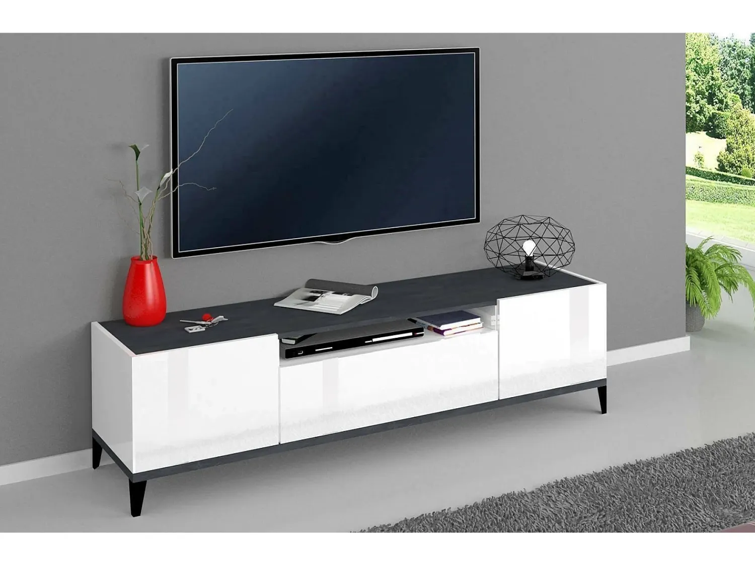 Dmora Móvel de TV Dfigol, Aparador baixo de sala com 2 portas, base de móvel de TV, 100% Fabricado em Itália, 160x40h47 cm, brilhante e ardósia^ Móvel De Tv