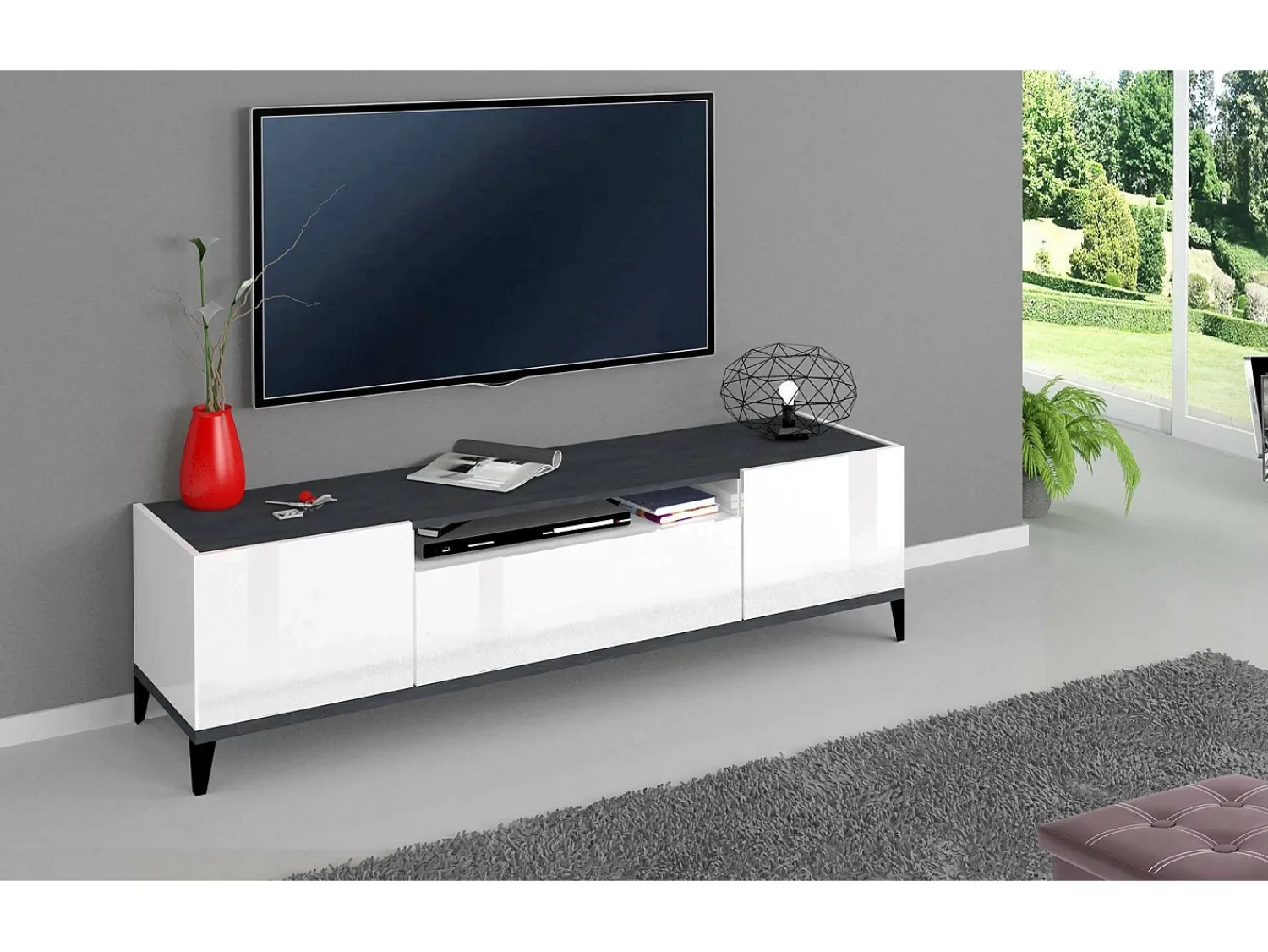 Dmora Móvel de TV Dfigol, Aparador baixo de sala com 2 portas, base de móvel de TV, 100% Fabricado em Itália, 160x40h47 cm, brilhante e ardósia^ Móvel De Tv