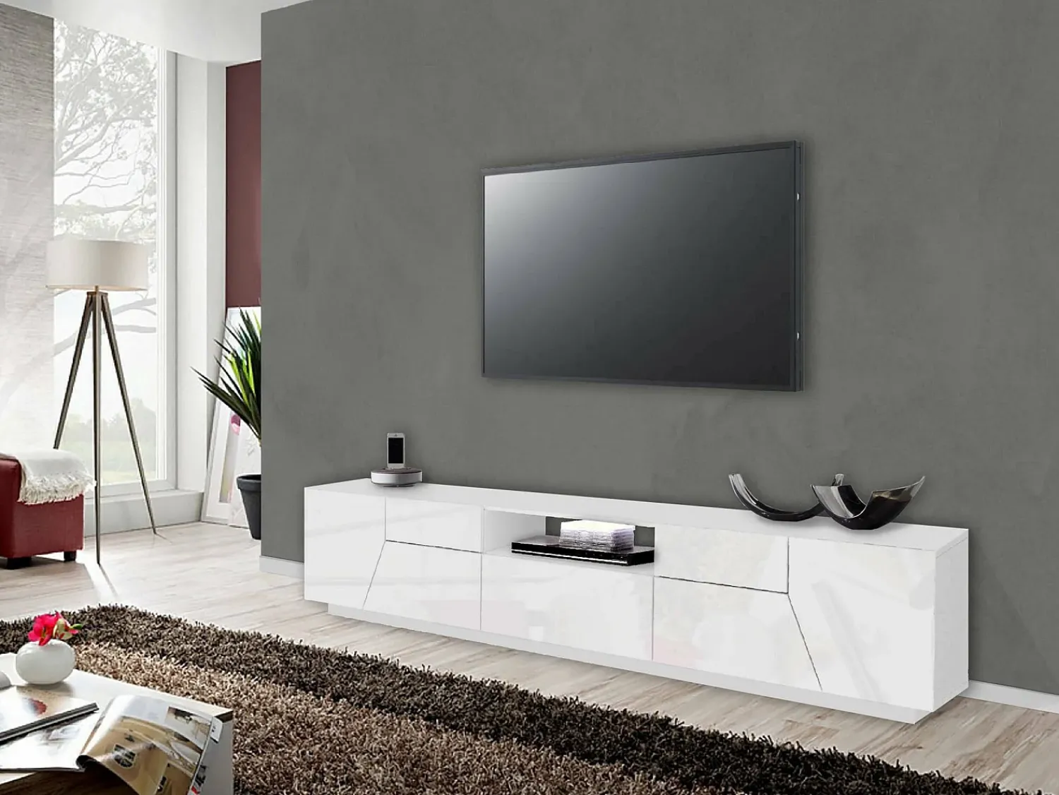 Móvel De Tv*Dmora Móvel de TV Dfilipp, Aparador baixo da sala, Base de móvel de TV, 100% Fabricado na Itália, 220x43h46 cm, brilhante Branco