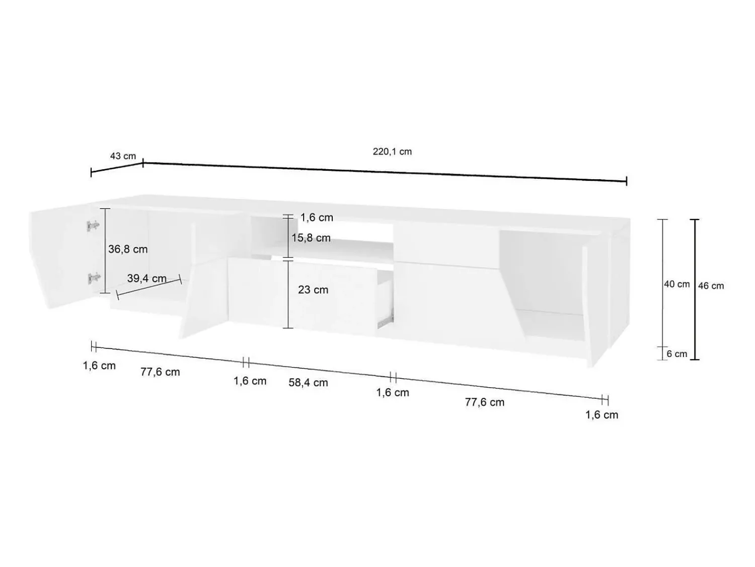Móvel De Tv*Dmora Móvel de TV Dfilipp, Aparador baixo da sala, Base de móvel de TV, 100% Fabricado na Itália, 220x43h46 cm, brilhante Branco