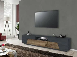 Móvel De Tv|Dmora Móvel de TV Dfilipp, Aparador baixo de sala, Base de móvel de TV, 100% Fabricado em Itália, 220x43h46 cm, Ardósia e Bordo Castanho