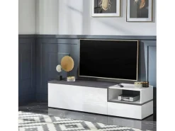 Best Dmora Móvel de TV Dgal, Aparador baixo de sala com 2 portas, base de móvel de TV, 100% Fabricado em Itália, 160x40h46 cm, brilhante e ardósia Branco
