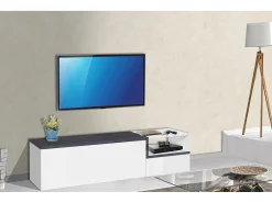 Best Dmora Móvel de TV Dgal, Aparador baixo de sala com 2 portas, base de móvel de TV, 100% Fabricado em Itália, 160x40h46 cm, brilhante e ardósia Branco