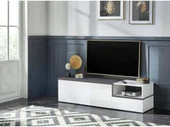 Best Dmora Móvel de TV Dgal, Aparador baixo de sala com 2 portas, base de móvel de TV, 100% Fabricado em Itália, 160x40h46 cm, brilhante e ardósia Branco