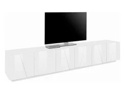 Dmora Móvel de TV Dgil, aparador baixo da sala, base de móvel de TV, 100% Fabricado na Itália, 244x44h46 cm, brilhante Branco
