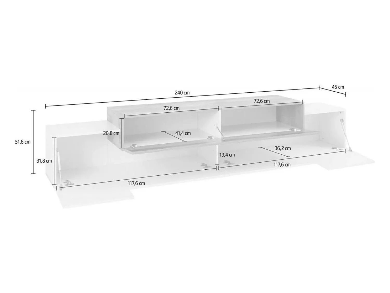Móvel De Tv|Dmora Móvel de TV Dlamann, Aparador baixo de sala, base de móvel de TV, 100% Fabricado em Itália, 240x45h52 cm, Branco brilhante e ardósia Cinza antracite / Branco