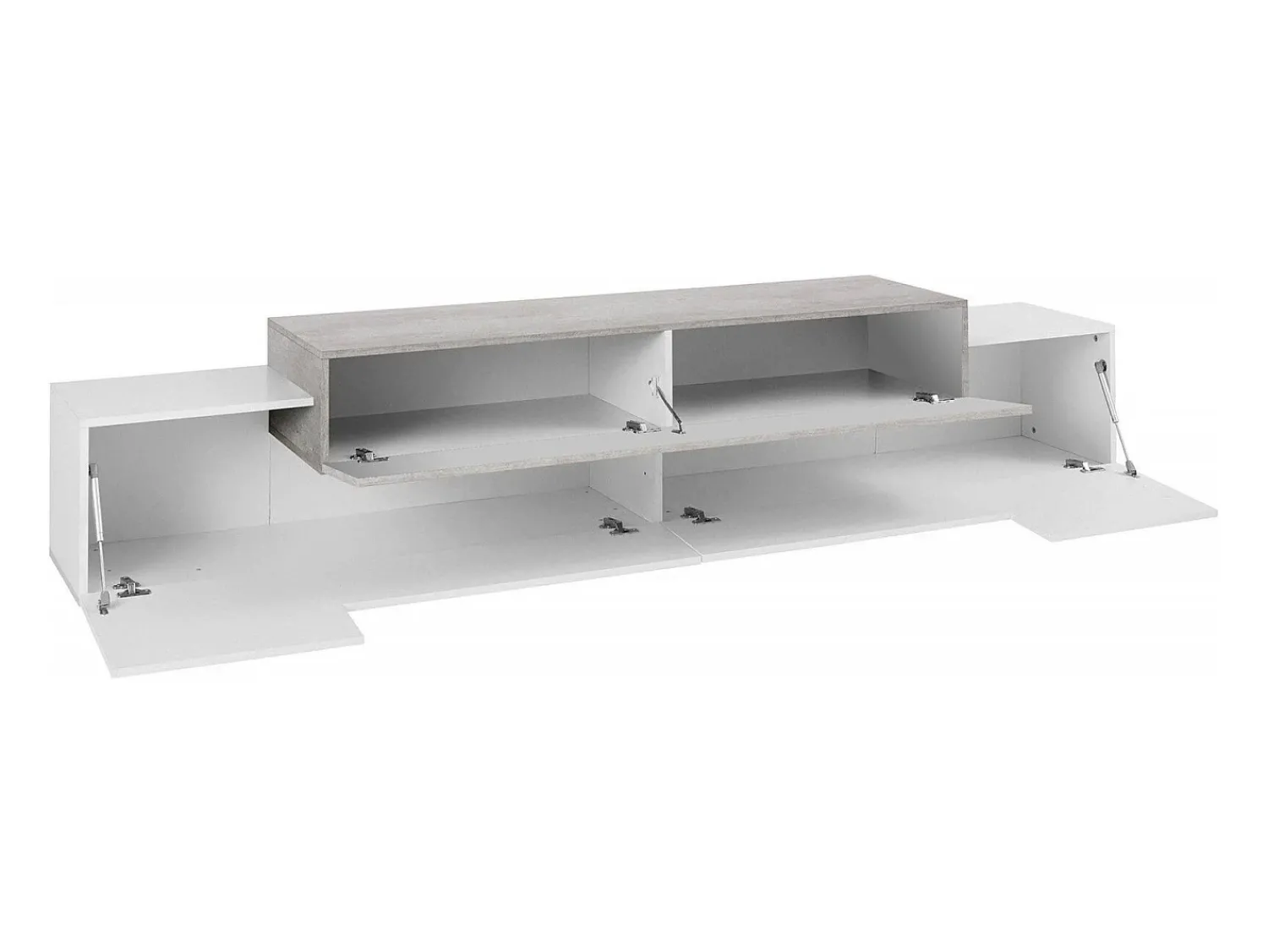 Clearance Dmora Móvel de TV Dlamann, Aparador baixo de sala, base de móvel de TV, 100% Fabricado em Itália, 240x45h52 cm, Branco brilhante e cimento Cinzento claro / Branco