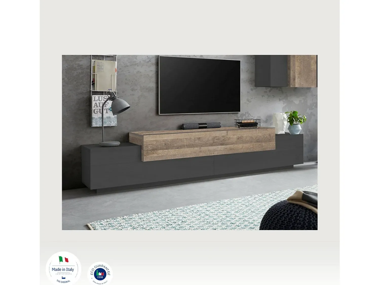 Móvel De Tv|Dmora Móvel de TV Dlamann, Aparador baixo de sala, base de móvel de TV, 100% Fabricado em Itália, 240x45h52 cm, Antracite e Bordo Cinzento / Natural claro