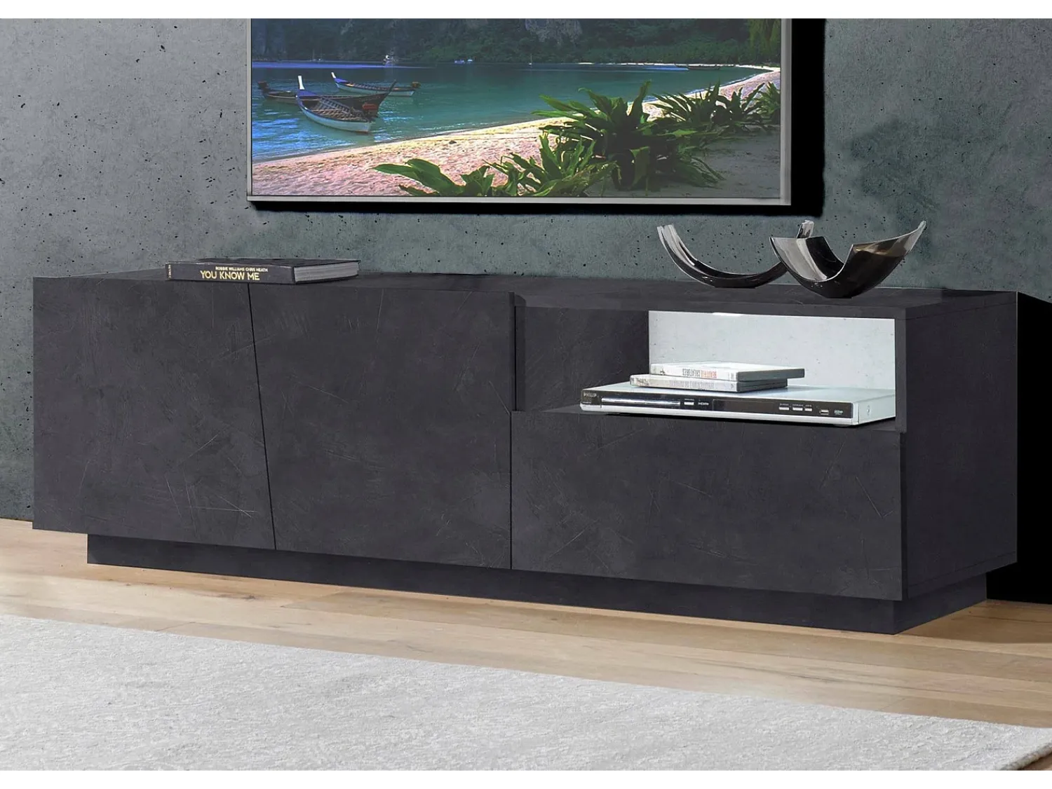 Dmora Móvel de TV Dlandon, Aparador baixo de sala com 2 portas, base de móvel de TV, 100% Fabricado em Itália, 150x43h46 cm, Ardósia^ Móvel De Tv