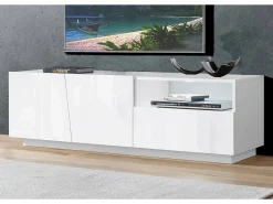 Móvel De Tv|Dmora Móvel de TV Dlandon, Aparador baixo de sala com 2 portas, base de móvel de TV, 100% Fabricado na Itália, 150x43h46 cm, brilhante Branco